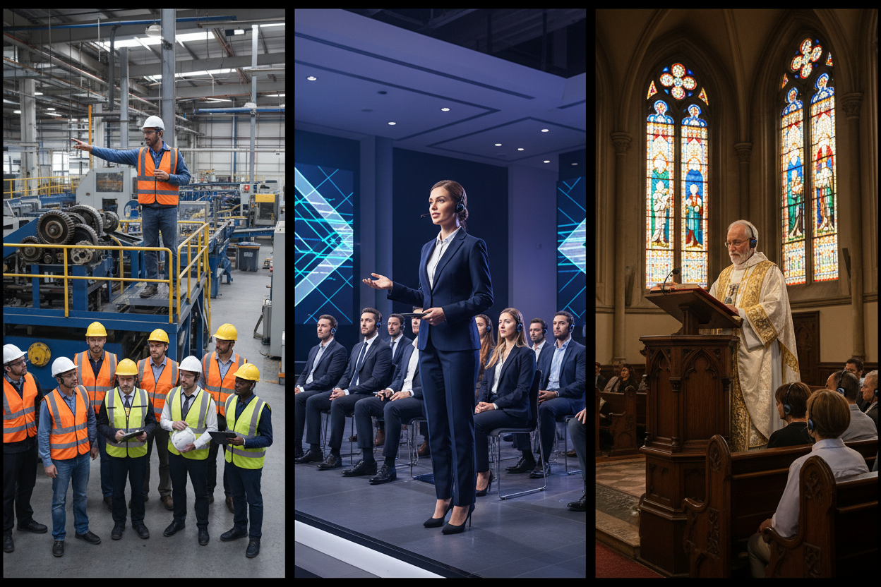 Diverse applications of a wireless tour guide system, including a factory tour, silent conference, and church translation.