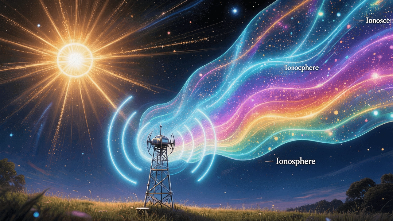 radio-wave-ionosphere-propagation An illustration showing how radio waves bounce off the ionosphere, enabled by the solar cycle.